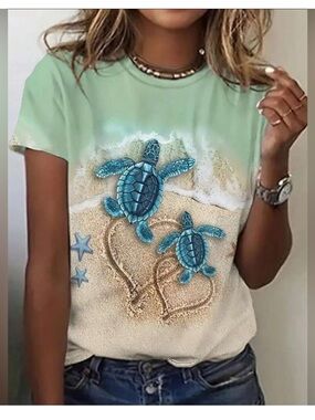 SHEIN Mint Green Beach Sea Turtle Graphic Tee